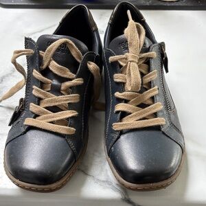 Navy Blue Leather Sneakers with Tan Laces
